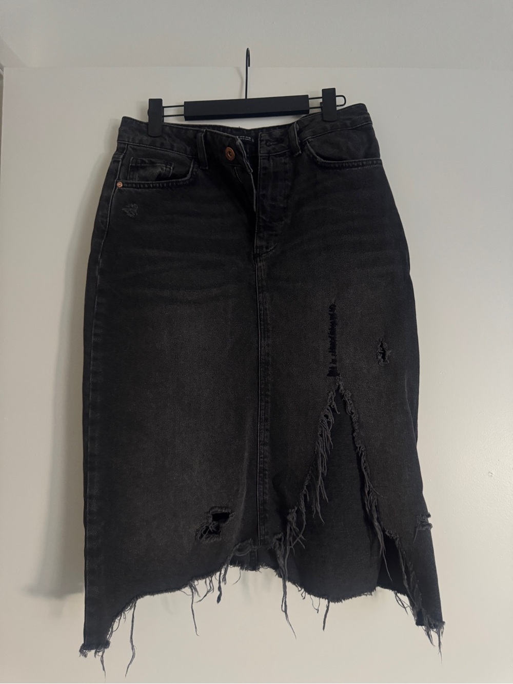 Zara Black Distressed Denim Midi Skirt